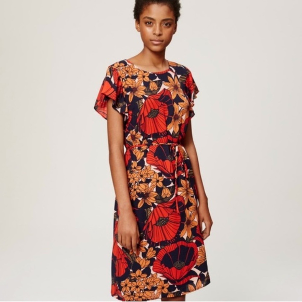 Loft crepe poppy dress with tie and flutter sleeve
